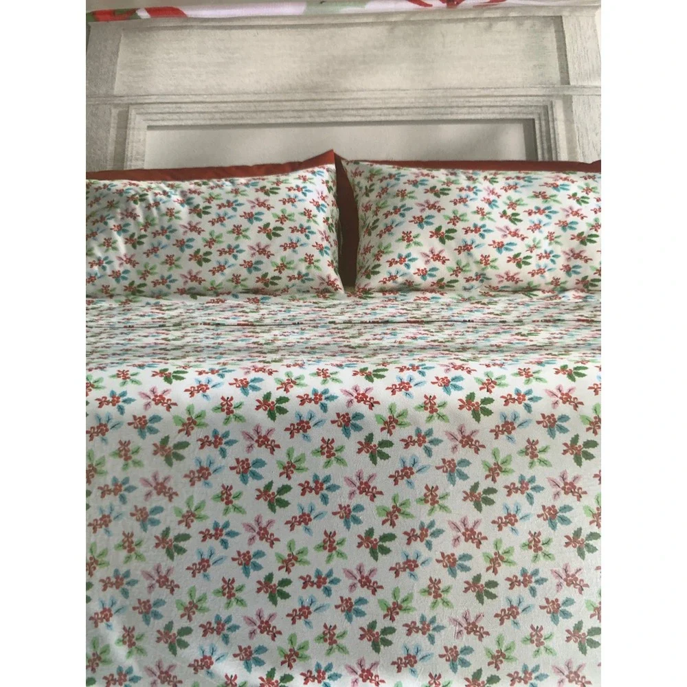 Cath Kidston Queen Sheet Set Holly Berry Christmas Holiday Floral 4‎ Piece NEW